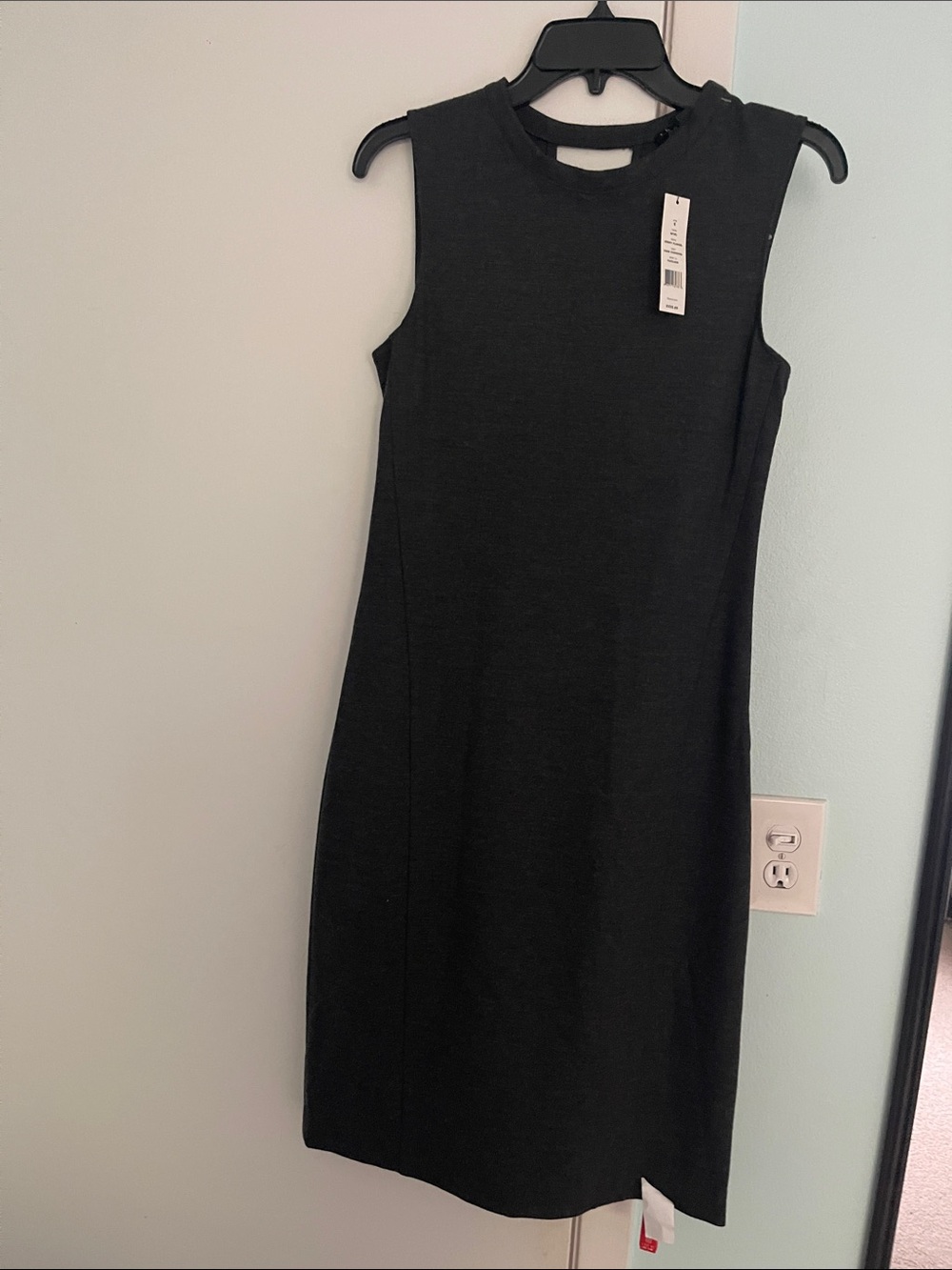 Theory Sleeveless Midi Sheath Dress in dark charcoal with zipper on side